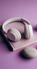 Light beige headphones rest on a mauve-colored notebook, alongside smooth gray stones.  A simple, stylish still life