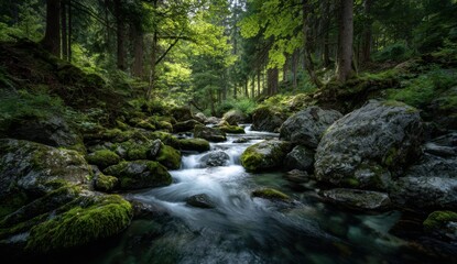 Forest stream flowing through mossy rocks (1)