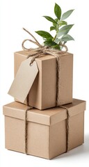 Two stacked, kraft-paper gift boxes, tied with twine, adorned with a sprig of greenery and a tag