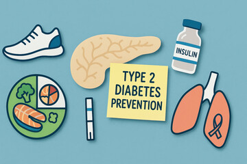 Type 2 diabetes prevention concept with healthy food plate, running shoe, insulin vial, glucose test strip, pancreas illustration and lungs representing wellness and lifestyle motivation