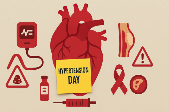 Hypertension day awareness poster with anatomical heart and medical icons conveying risk and prevention, urgent tone encouraging blood pressure check and healthy lifestyle - Powered by Adobe