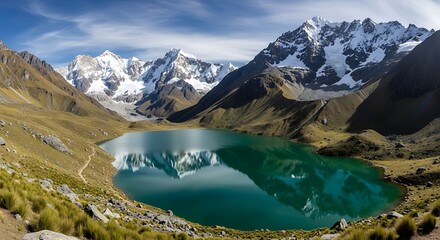 Stunning turquoise lake nestled amidst majestic snow-capped mountains under a clear blue sky.