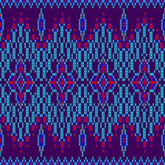 seamless knitted pattern
 pixel-art pattern inspired by traditional cross-stitch embroidery, featuring layered diamond shapes and floral-like motifs in green, cyan, and red on a deep purple 