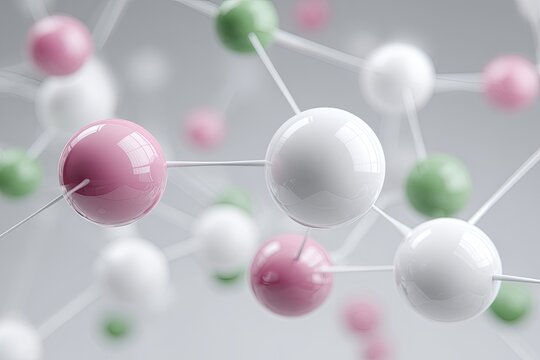 Abstract molecular structure, spherical atoms connected by thin lines, pale pink, green, and white - Powered by Adobe