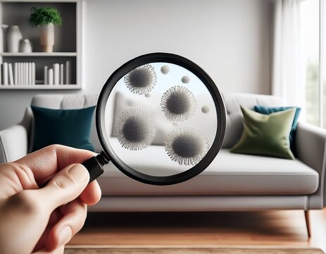 living room in a clean house use a magnifying glass to see the particles of mold odor and viruses in the air