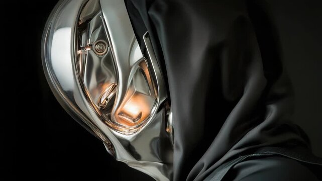 Mysterious hooded figure wearing futuristic mask, evoking enigmatic presence. This futuristic mask with deep shadows hints at advanced technology and covert operations.