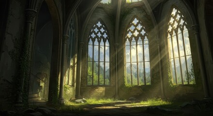 Obraz premium Sunlight streams through weathered gothic windows of a decaying cathedral, illuminating lush greenery beyond.