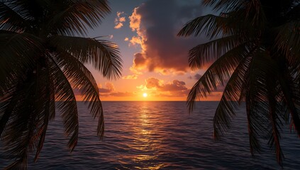 Peaceful Ocean Sunset with Tropical Palm Trees