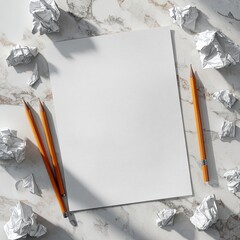 Blank paper, pencils, crumpled papers on marble
