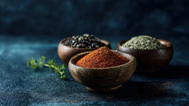 taste. Artisanal collection of dried herbs and spices in wooden bowls, emphasizing natural culinary ingredients. menu design.