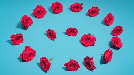 lay. Circular arrangement of vibrant roses against a blue background, top-down view. gardening catalogs, home-decor guides, designed for gardening and botanical catalogs, used by data analysts.