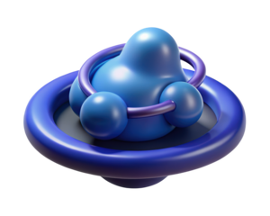 Abstract blue and purple geometric shape composition with spheres and rings 3d illustration isolated on transparent background
