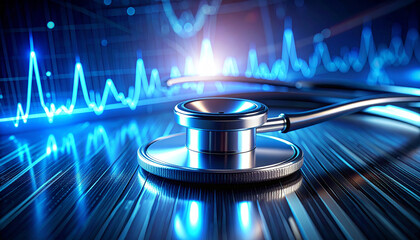 Health Tech Pulse: A sleek stethoscope rests amidst a vibrant digital landscape of health, illuminated by a pulsating heartbeat monitor. This represents the essence of healthcare.