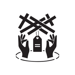 Hands Holding Price Tag Under Tangled Lines Icon