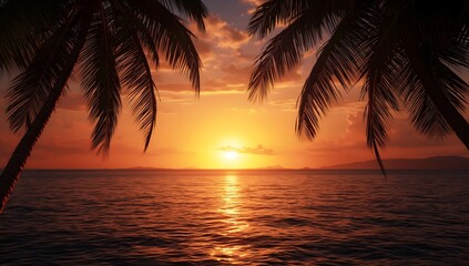 Tranquil Tropical Sunset with Palm Tree Silhouettes