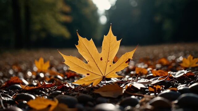 A single yellow leaf rests on top of a pile of rough rocks, perhaps fallen from a nearby tree