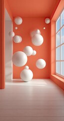 Floating spheres in an orange room with a window (1)