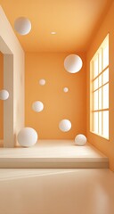 Soft, orange interior with floating spheres.  Abstract, minimalist, and geometric.  Beige platforms rise from floor to meet walls. Large window lets light in
