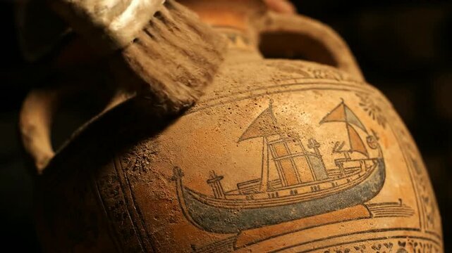 An archaeologist gently brushes dust from an ancient Greek amphora revealing a beautifully preserved painting of a ship from antiquity.