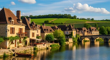 Fototapeta premium Picturesque Village of Beaulieu-sur-Dordogne Reflected in the Dordogne River.