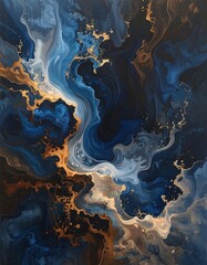 Abstract swirls of deep blues, golds, and browns