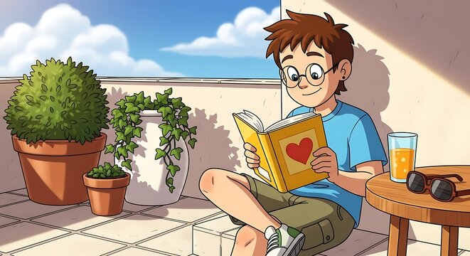 Boy Reading on Balcony.