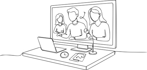 Team members participating in video call with laptop on desk  