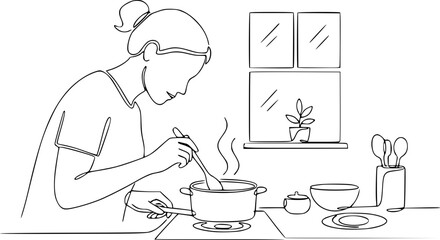 Woman cooking in kitchen while stirring pot on stove  