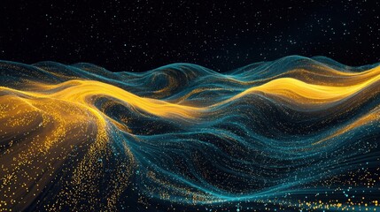 Abstract digital artwork with flowing cosmic waves in vibrant deep blue, shimmering gold,