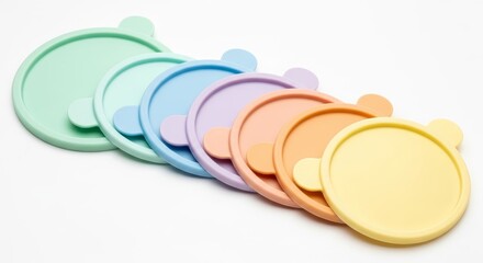 A cheerful collection of colorful, round silicone lids with cute bear ear designs, perfect for covering food containers.