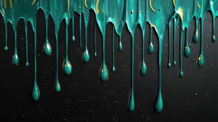 Turquoise liquid paint in dynamic motion drips down a black textured background,