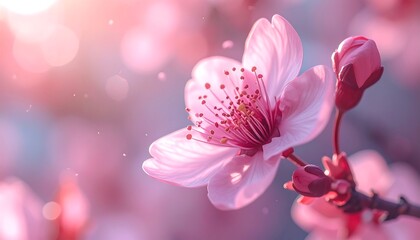 Blossoming pink flowers in soft sunlight