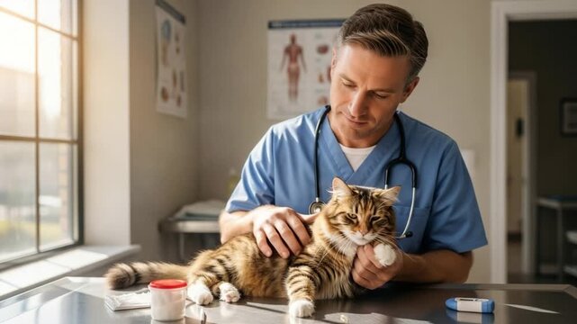 A veterinarian in blue scrubs examining a tabby cat on a metal table in a bright examination room - Powered by Adobe
