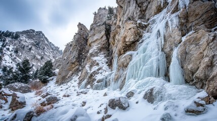 Majestic winter mountain landscape with frozen waterfall, icy cliffs, snow covered rocks, crystal ice formations, seasonal cold wilderness scene