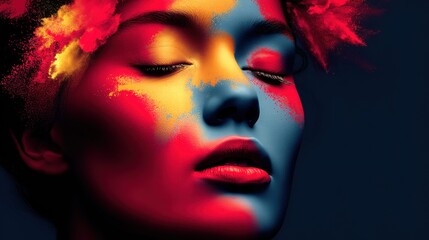 Fototapeta premium A woman's face is a canvas of colorful paint, evoking a sense of artistic beauty.