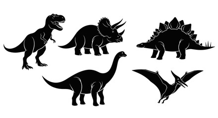 Silhouette illustration of five different types of dinosaurs species