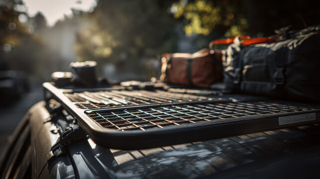 Roof rack equipped with camping gear such as bags and equipment resting on top of a vehicle, illuminated by warm sunlight during a peaceful outdoor setting.