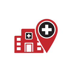 Obraz premium Hospital Building and Map Pointer Icon for Medical Location Search