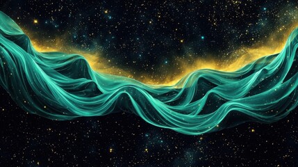 Two diagonal undulating bands of translucent green fabric-like material set against a dark starry background with a subt