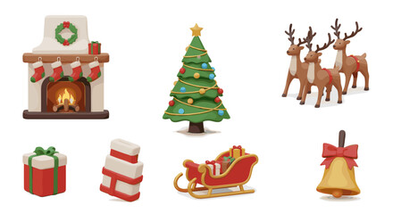 Fototapeta premium A christmas scene with a fireplace tree reindeer and christmas presents