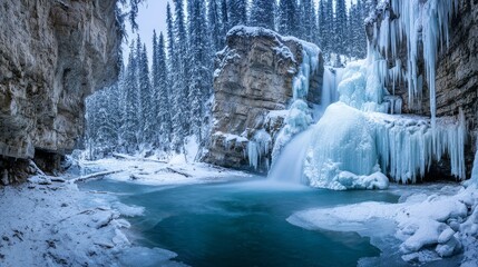 Majestic winter mountain landscape with frozen waterfall, icy cliffs, snow covered rocks, crystal ice formations, seasonal cold wilderness scene