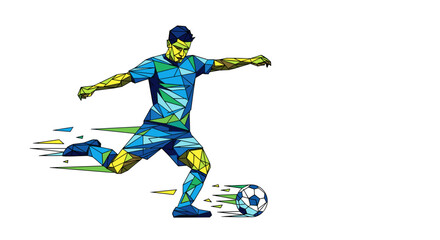 Polygonal soccer player in blue kicks a soccer ball with speed lines