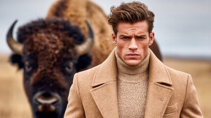 A stylish man poses with a majestic bison, exuding confidence and rugged charm.