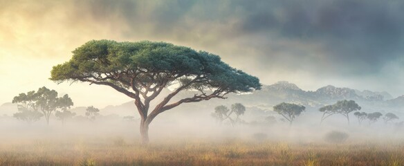 The Acacia Tree in a Misty African Savanna at Sunrise with Distant Hills