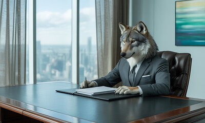 Concept of a business wolf in a suit, signing papers at an executive desk in a city office, representing corporate cunning and leadership