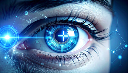 Eye of Innovation: Close-up of a detailed digital eye, enhanced with holographic elements and futuristic aesthetics. The vibrant blue and intricate detail captures a vision of progress and technology