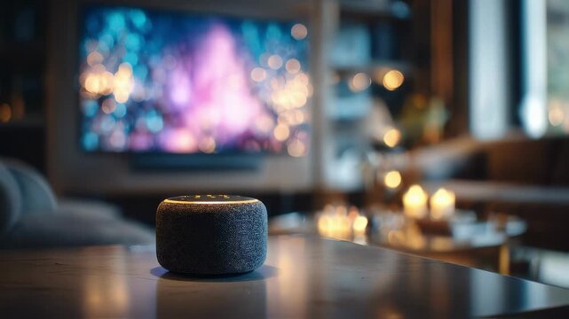 Focused medium shot featuring a sleek smart speaker with streaming visuals softly blurred behind highlighting entertainment IoT connectivity in a modern home.