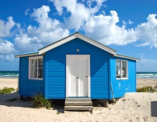 Naklejka premium Blue beach hut on a sunny day