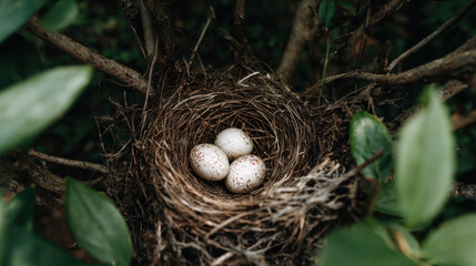 Nest located in a tree surrounded by green leaves containing three speckled eggs resting on a bed of twigs and grass looking tranquil in natural light.