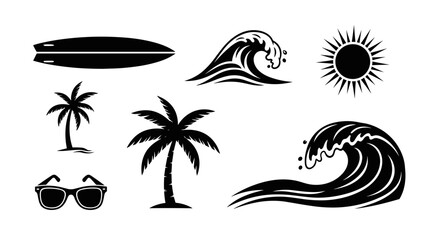 Illustration of surfboard, waves, sun, palm trees and sunglasses in black